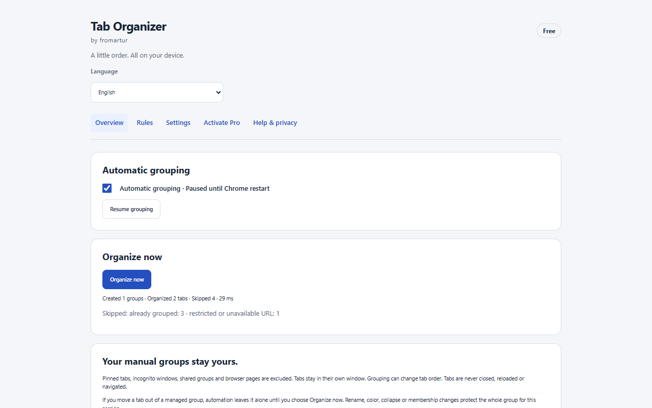 Real Tab Organizer overview showing manual and automatic grouping controls